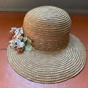 Liz Claiborne Brown Straw Sun Garden Boat Hat Brim Hat flowers 90s y2k